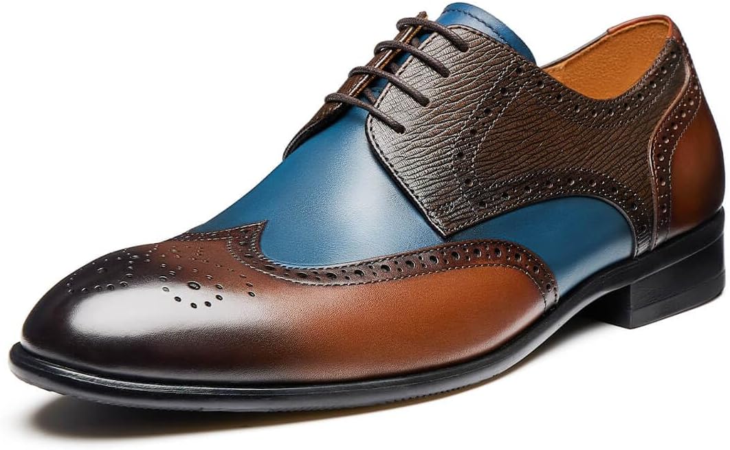 Men's Dress Shoes Two Tone Wingtip Genuine Cowhide Leather Oxford Shoes with Brogue Formal Business Wedding Derby Shoes