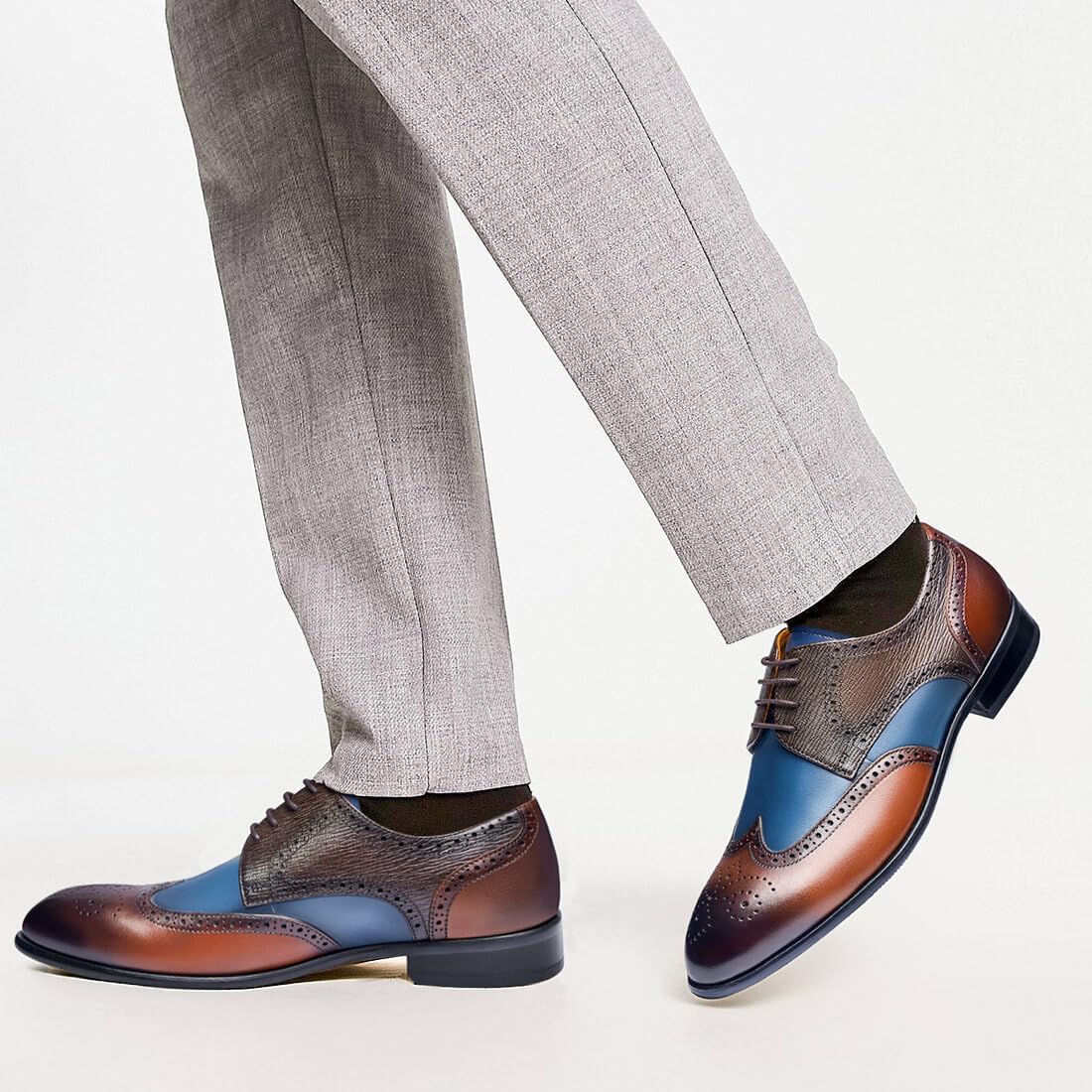 Men's Dress Shoes Two Tone Wingtip Genuine Cowhide Leather Oxford Shoes with Brogue Formal Business Wedding Derby Shoes - Image 2